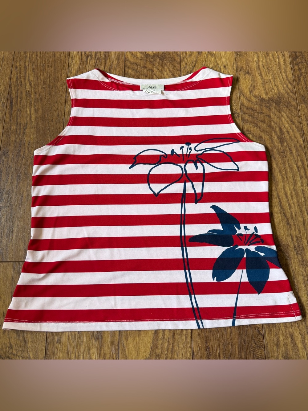 AGB Red White Striped Floral Sleeveless Top XL 4th Of July Outfit